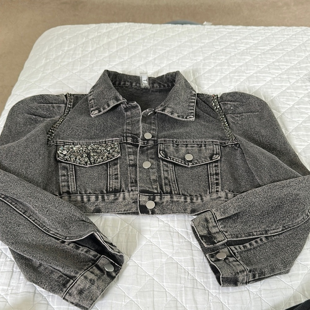 Gray Cropped Denim Jacket with Studded Details